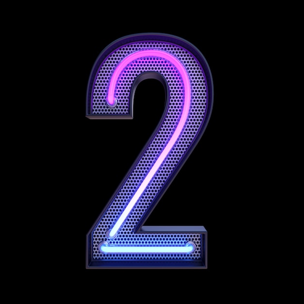 Numéro 2 Alphabet Neon retro 3d nombre isolé sur fond noir