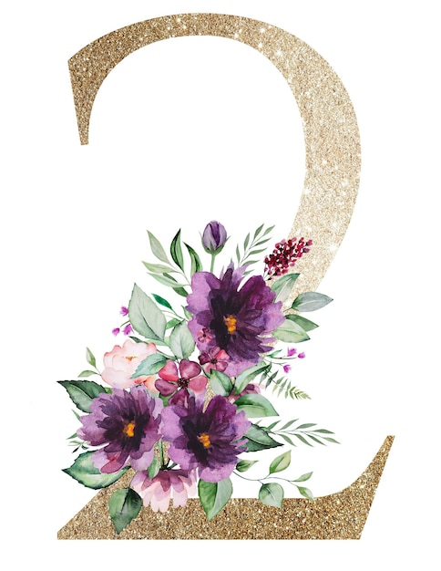 Numéro 2 doré clair avec des roses violettes aquarelles et des bouquets de feuilles vertes Alphabet floral