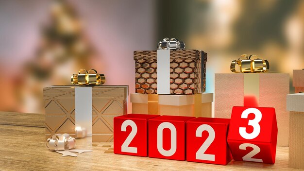 Le numéro 2023 sur le cube rouge pour le rendu 3d du nouvel an ou du concept d'entreprisexA