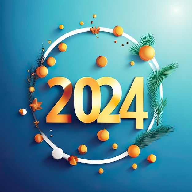 Numéro 2024 aux couleurs vives reflétant la nouvelle année sur fond avec décor de Noël