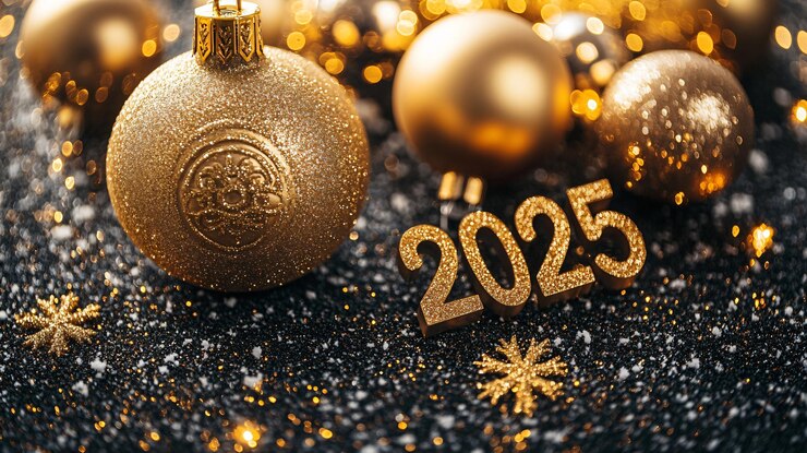 Photo numéro 2025 sur des boules d'arbre de noël sur un fond bokeh d'éclat doré avec des étincelles et des scintillements célébrer les vacances d'hiver du nouvel an