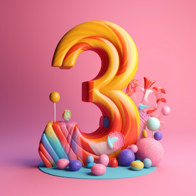 le numéro 3 rendu 3d candyland aux couleurs vives