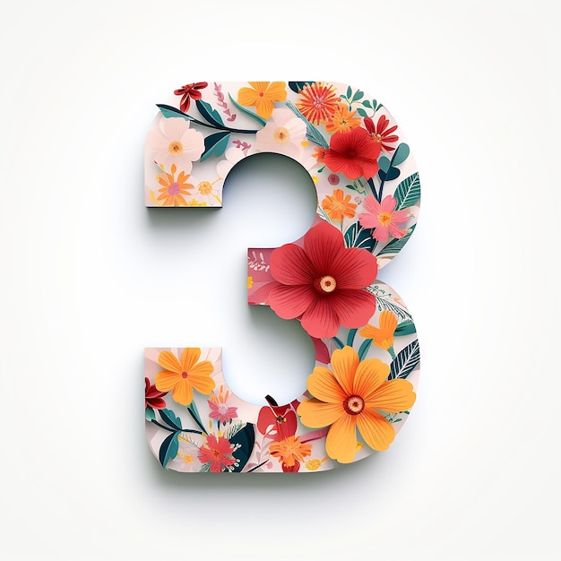 Numéro 3 trois avec motif floral de logo générique en alphabet de forme découpée en papier