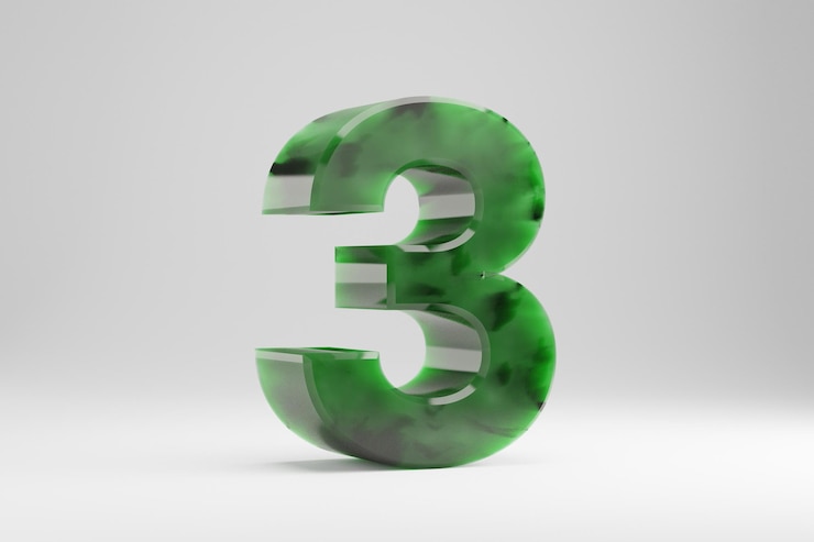 Photo numéro 3d de jade 3. numéro de jade isolé sur fond blanc. alphabet de pierre semi-transparente en jade vert. caractère de police rendu 3d.