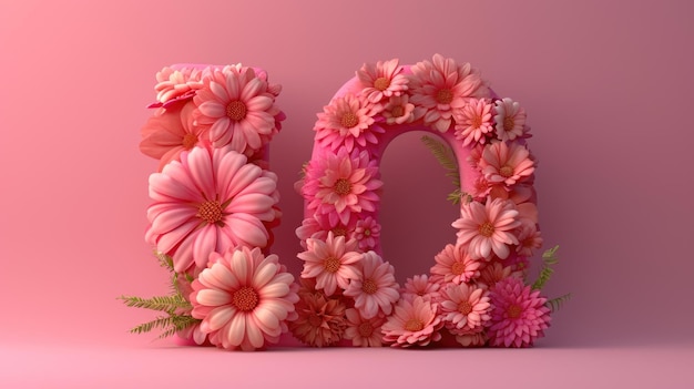 Numéro 3D minimal décoré avec un fond pastel de fleurs