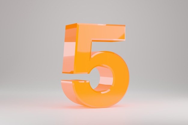 Numéro 3d néon 5. Numéro néon jaune isolé sur fond blanc. Alphabet lumineux néon jaune brillant. Caractère de police rendu 3D.