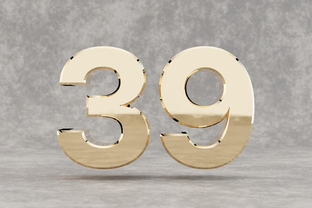 Numéro 3d d'or 39. Numéro d'or brillant sur fond de béton. Chiffre métallique avec reflets de lumière de studio. rendu 3D.