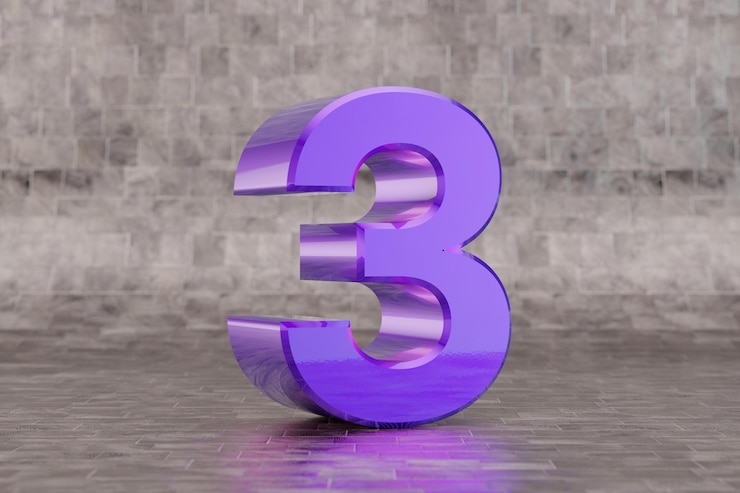 Photo numéro 3d violet 3. numéro indigo brillant sur fond de tuile. alphabet métallique avec des reflets lumineux de studio. caractère de police rendu 3d.