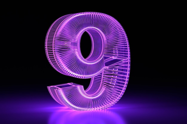 Numéro 3D volumétrique rougeoyant au néon neuf Rendu 3D de conception numérique violet