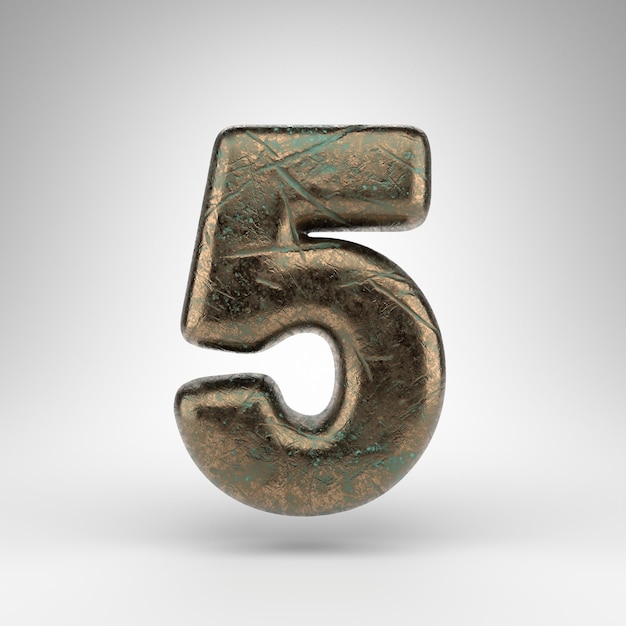 Numéro 5 sur fond blanc. Numéro de rendu 3D en bronze avec texture rayée oxydée.