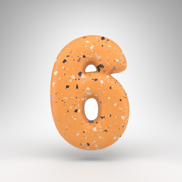 Numéro 6 sur fond blanc. Numéro de rendu 3D avec texture de motif terrazzo orange.