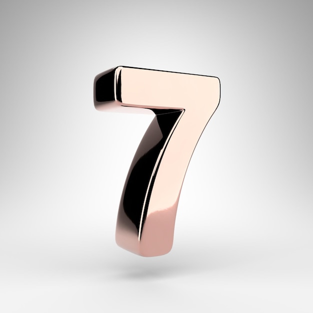 Numéro 7 sur fond blanc. Numéro de rendu 3D en or rose avec surface chromée brillante.
