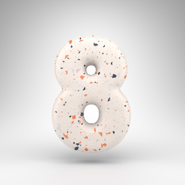 Numéro 8 sur fond blanc. Numéro de rendu 3D avec texture motif terrazzo.