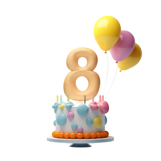 Numéro 8 gâteau d'anniversaire avec des bougies et des ballons isolés sur fond blanc