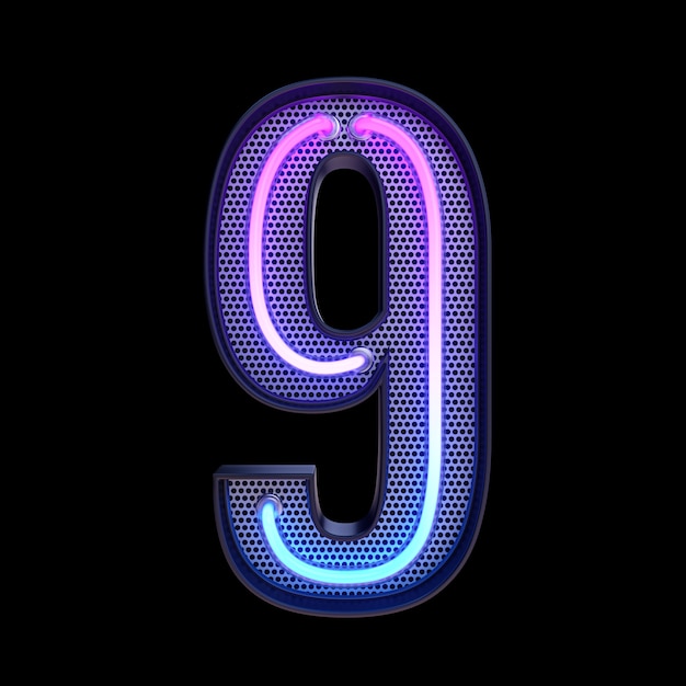 Numéro 9, Alphabet. Numéro 3d rétro néon isolé sur fond noir avec un tracé de détourage. illustration 3D.