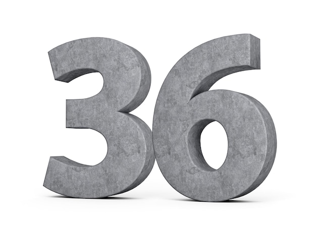Numéro de béton 3d trente-six 36 chiffres fabriqués en pierre de béton gris sur fond blanc