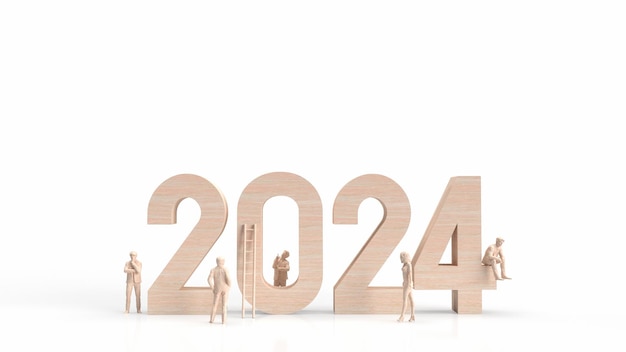 Le numéro de bois 2024 et l'homme d'affaires sur fond blanc rendu 3d