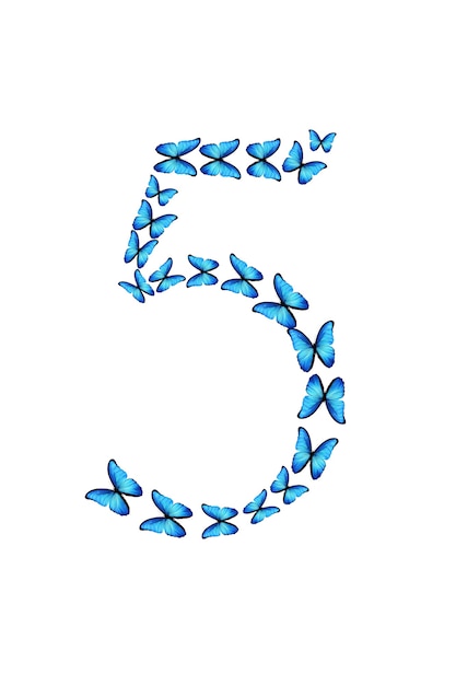 Numéro cinq fait de papillons tropicaux bleus isolés sur fond blanc