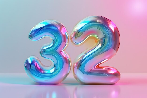 Numéro coloré trente-deux Gradient holographique Symbole 32 Invitation à une fête d'anniversaire de trente deux ans ou à un anniversaire d'entreprise Lumière et couleurs au néon Couleur irisante IA générative