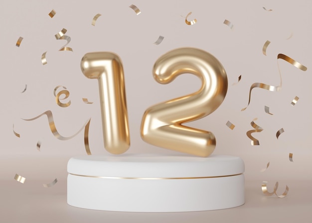 Numéro douze brillant d'or sur fond beige neutre avec confetti tombant Symbole 12 Invitation à une fête d'anniversaire du douzième anniversaire ou à un anniversaire d'affaires Render 3D