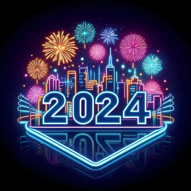 Numéro du Nouvel An 2024 au néon contre les feux d'artifice et la ville à minuit