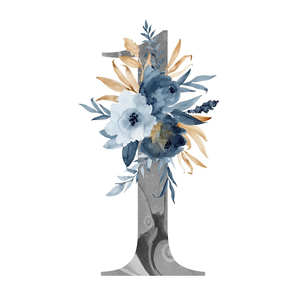 Numéro floral 1 avec indigo et pivoines dorées