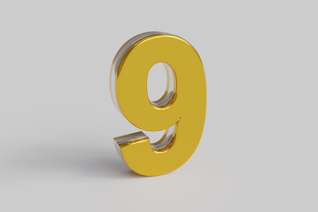 Numéro de lettre neuf police de rendu 3D or avec contour argenté isolé sur fond blanc Tracé de détourage