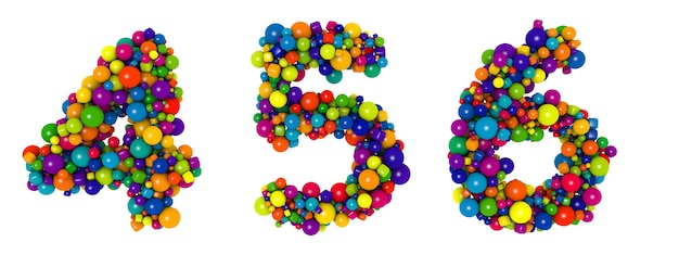 Numéro de lettres multicolores 4 5 6. Illustration 3D drôle. Texte de boules décoratives multicolores brillantes.