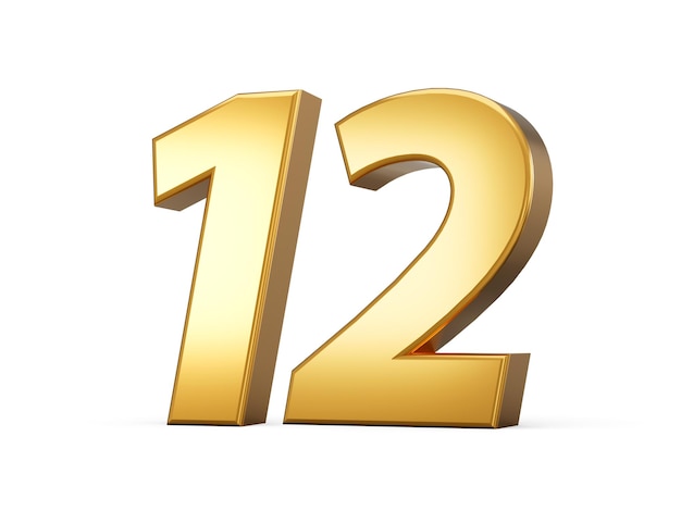 Numéro métallique doré 12 douze fond blanc illustration 3d