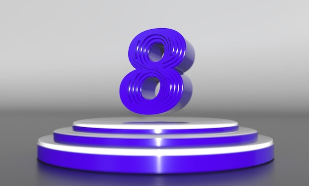 Numéro de numéro 3d violet au-dessus du triple piédestal d'or avec un fond sombre par rendu 3d
