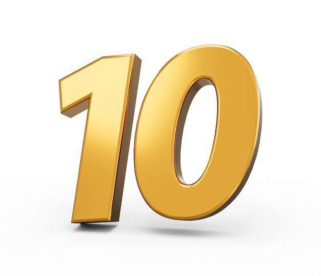 Numéro d'or 10 Dix fond blanc isolé brillant 3d numéro 10 en or illustration 3d