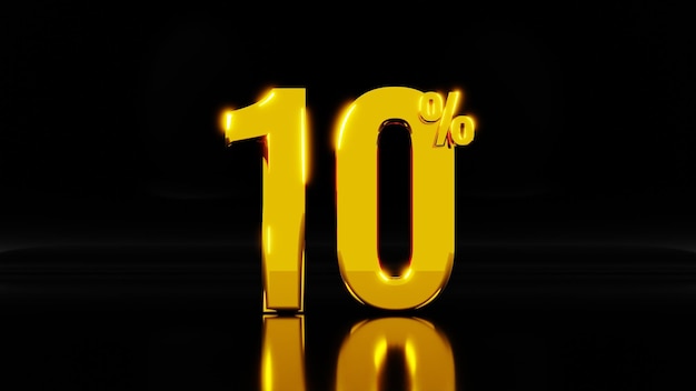 Numéro d'or 10 avec symbole de pourcentage isolé sur fond sombre avec réflexion sur le sol illustration de rendu 3d