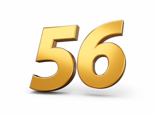 Numéro d'or 56 Cinquante-six fond blanc isolé numéro 3d brillant en or illustration 3d