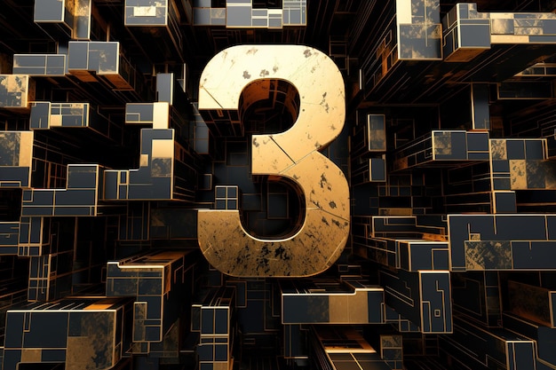 Numéro d'or trois sur fond noir Symbole 3 Invitation à une fête d'anniversaire d'affaires de troisième anniversaire ou à tout événement célébrant une troisième étape IA générative