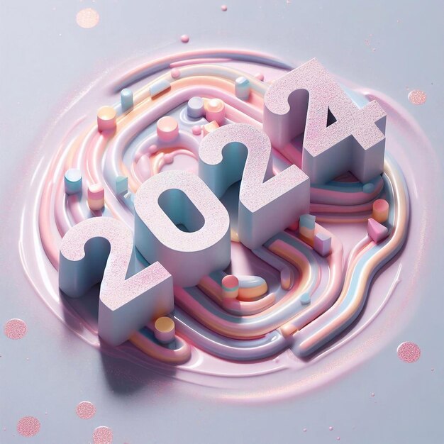 Numéros de la nouvelle année 2024 sur un fond de scintillement liquide pastel avec des scintillements et des reflets de lumière illustration générative ai