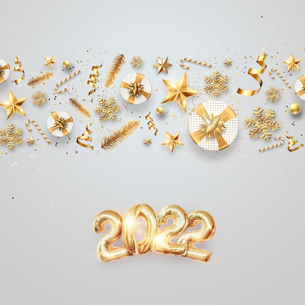 Numéros d'or 2022 des ballons en feuille d'or. Bonne année. Design moderne sur fond clair. Modèle de conception, en-tête pour le site, affiche, carte de nouvel an. Illustration 3D, rendu 3D.