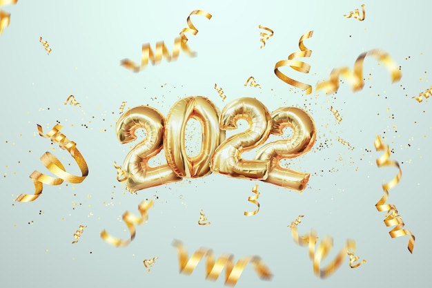 Numéros d'or 2022 des ballons en feuille d'or. Bonne année. Design moderne sur fond clair. Modèle de conception, en-tête pour le site, affiche, carte de nouvel an. Illustration 3D, rendu 3D.