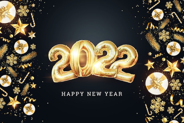 Numéros d'or 2022 des ballons en feuille d'or. Bonne année. Design moderne sur fond sombre. Modèle de conception, en-tête pour le site, affiche, carte de nouvel an. Illustration 3D, rendu 3D.