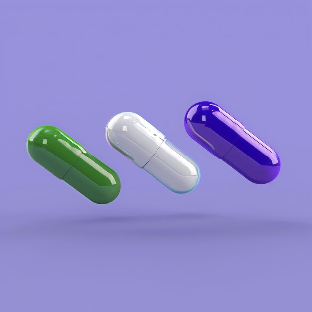 Photo les nutriments cosmiques les capsules de vitamines colorées suspendues dans l'espace contre un fond violet fusionnent