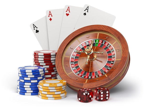 o concept de jeu de casino Roulette cartes et dés de casino isolés sur fond blanc