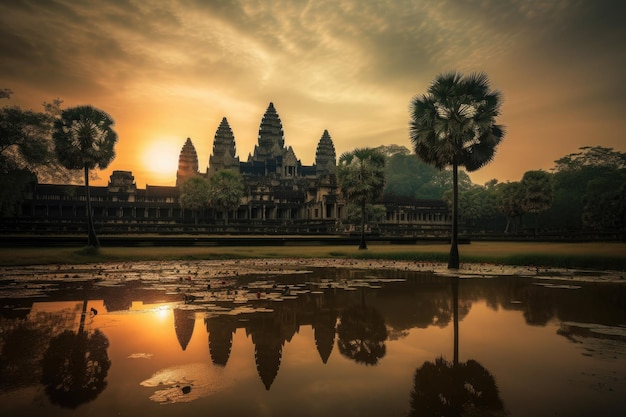 O majestoso Angkor Wat ao nascer do sol em Siem Reap IA générative