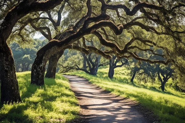 Photo oak tree with a path of fallen leaves beneath it