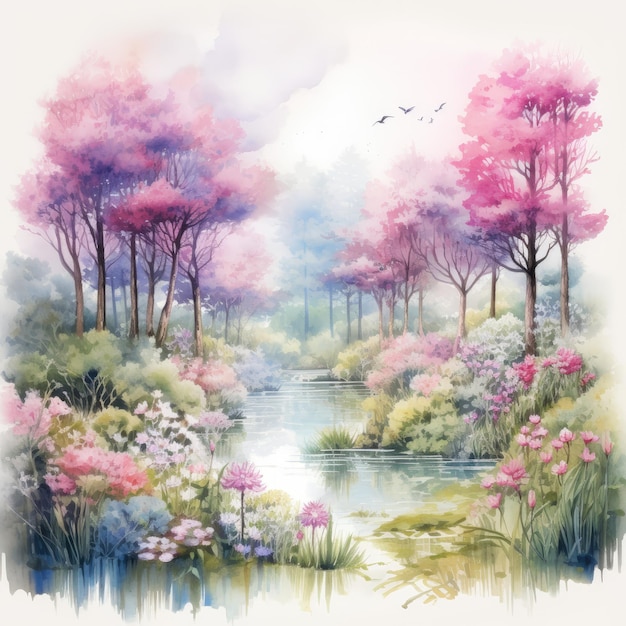 Oasis d'aquarelle enchanteresse Une forêt florale délicate aux teintes pastel sur une toile blanche sereine