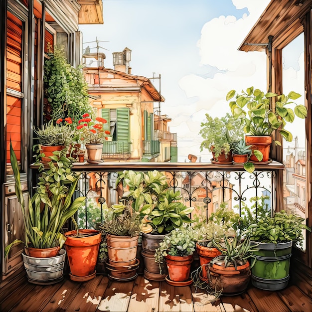 Oasis d'aquarelle Un jardin de balcon fleurit dans des pots Une tapisserie vibrante de la vie végétale dans l'appartement Une évasion verdoyante au cœur de la maison