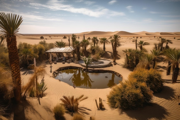 Oasis au milieu d'un désert entouré de dunes de sable et de cactus créés avec une IA générative