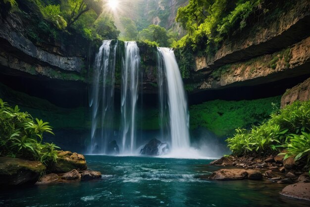 Une oasis de chute d'eau tropicale dans une jungle verte et luxuriante