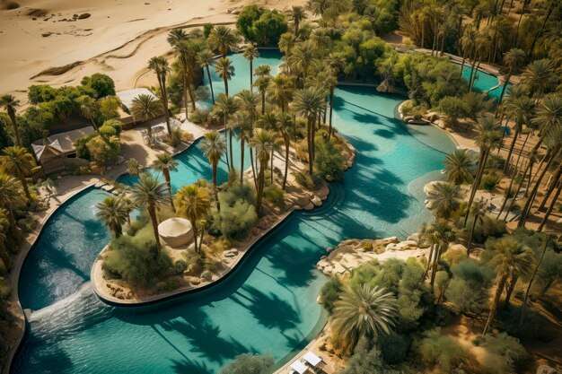 Une oasis désertique capturée d'en haut avec des palmiers entourant une piscine d'eau scintillante