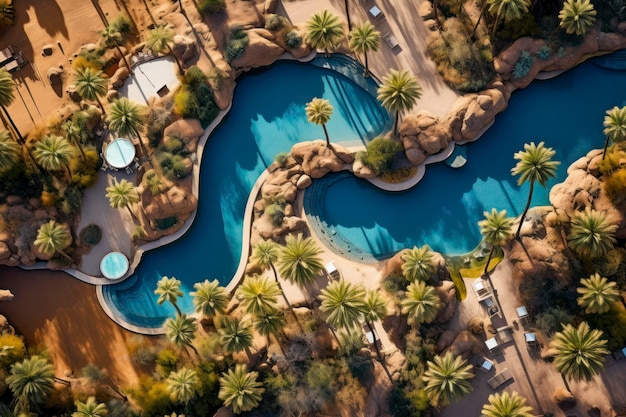 Une oasis désertique capturée d'en haut avec des palmiers entourant une piscine d'eau scintillante