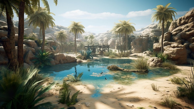 Une oasis du désert avec de l'eau bleu clair ai générer