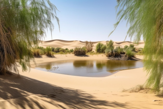 Photo oasis du désert avec d'imposantes dunes de sable en arrière-plan créées avec une ia générative